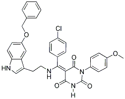 (E)-5-((2-(5-(Benzyloxy)-1H-indol-3-yl)ethylamino)(4-chlorophenyl)methylene)-1-(4-methoxyphenyl)pyrimidine-2,4,6(1H,3H,5H)-trione 结构式