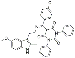 (E)-5-((4-Chlorophenyl)(2-(5-methoxy-2-methyl-1H-indol-3-yl)ethylimino)methyl)-1,3-diphenylpyrimidine-2,4,6(1H,3H,5H)-trione 结构式