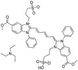 N,N-DIETHYL-1-ETHANAMINIUM 3-(6-(METHOXYCARBONYL)-2-((E,2E,4E)-5-[6-(METHOXYCARBONYL)-3-PHENYL-1-(3-SULFONATOPROPYL)-3H-BENZIMIDAZOL-1-IUM-2-YL]-2,4-PENTADIENYLIDENE)-3-PHENYL-2,3-DIHYDRO-1H-BENZIMIDAZOL-1-YL)-1-PROPANESULFONATE 结构式