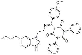 (E)-5-((2-(5-Butyl-1H-indol-3-yl)ethylimino)(4-methoxyphenyl)methyl)-1,3-diphenylpyrimidine-2,4,6(1H,3H,5H)-trione 结构式