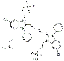 N,N-DIETHYL-1-ETHANAMINIUM 3-(6-CHLORO-2-((E,2E,4E)-5-[6-CHLORO-3-PHENYL-1-(3-SULFONATOPROPYL)-3H-BENZIMIDAZOL-1-IUM-2-YL]-2,4-PENTADIENYLIDENE)-3-PHENYL-2,3-DIHYDRO-1H-BENZIMIDAZOL-1-YL)-1-PROPANESULFONATE 结构式