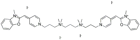 2-([1-(3-[[3-(Dimethyl(3-[4-[(3-methyl-1,3-benzoxazol-3-ium-2-yl)methylene]-1(4H)-pyridinyl]propyl)ammonio)propyl](dimethyl)ammonio]propyl)-4(1H)-pyridinylidene]methyl)-3-methyl-1,3-benzoxazol-3-ium tetraiodide 结构式