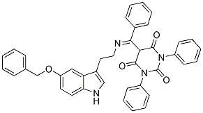 (E)-5-((2-(5-(BENZYLOXY)-1H-INDOL-3-YL)ETHYLIMINO)(PHENYL)METHYL)-1,3-DIPHENYLPYRIMIDINE-2,4,6(1H,3H,5H)-TRIONE 结构式