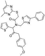 2-(4,6-DIMETHYLPYRIMIDIN-2-YLTHIO)-N-(3-(4-METHOXYPHENYL)-2-OXO-1-(THIOPHEN-2-YL)PROPYL)-N-((4-PHENYLTHIAZOL-2-YL)METHYL)ACETAMIDE 结构式