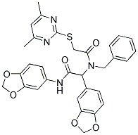 N,2-DI(BENZO[D][1,3]DIOXOL-5-YL)-2-(N-BENZYL-2-(4,6-DIMETHYLPYRIMIDIN-2-YLTHIO)ACETAMIDO)ACETAMIDE 结构式