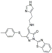 (Z)-4-((2-(1H-IMIDAZOL-4-YL)ETHYLAMINO)METHYLENE)-1-(BENZO[D]THIAZOL-2-YL)-3-(P-TOLYLTHIOMETHYL)-1H-PYRAZOL-5(4H)-ONE 结构式