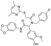 N-(BENZO[D][1,3]DIOXOL-5-YL)-2-(2-(4,6-DIMETHYLPYRIMIDIN-2-YLTHIO)-N-(4-FLUOROBENZYL)ACETAMIDO)-2-(4-HYDROXY-3-METHOXYPHENYL)ACETAMIDE 结构式