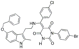 (E)-5-((2-(5-(BENZYLOXY)-2-METHYL-1H-INDOL-3-YL)ETHYLAMINO)(4-CHLOROPHENYL)METHYLENE)-1-(4-BROMOPHENYL)PYRIMIDINE-2,4,6(1H,3H,5H)-TRIONE 结构式