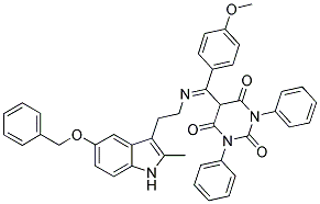 (E)-5-((2-(5-(Benzyloxy)-2-methyl-1H-indol-3-yl)ethylimino)(4-methoxyphenyl)methyl)-1,3-diphenylpyrimidine-2,4,6(1H,3H,5H)-trione 结构式