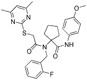 1-(2-(4,6-DIMETHYLPYRIMIDIN-2-YLTHIO)-N-(2-FLUOROBENZYL)ACETAMIDO)-N-(4-METHOXYPHENYL)CYCLOPENTANECARBOXAMIDE 结构式