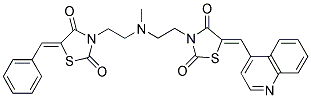 (Z)-5-Benzylidene-3-(2-((2-((Z)-2,4-dioxo-5-(quinolin-4-ylmethylene)thiazolidin-3-yl)ethyl)(methyl)amino)ethyl)thiazolidine-2,4-dione 结构式