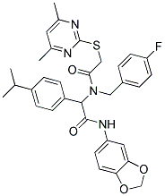 N-(BENZO[D][1,3]DIOXOL-5-YL)-2-(2-(4,6-DIMETHYLPYRIMIDIN-2-YLTHIO)-N-(4-FLUOROBENZYL)ACETAMIDO)-2-(4-ISOPROPYLPHENYL)ACETAMIDE 结构式