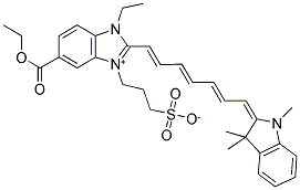 3-(6-(Ethoxycarbonyl)-3-ethyl-2-[(1E,3E,5E)-7-(1,3,3-trimethyl-1,3-dihydro-2H-indol-2-ylidene)-1,3,5-heptatrienyl]-3H-benzimidazol-1-ium-1-yl)-1-propanesulfonate 结构式