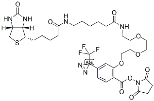 2-[2-[2-[2-[6-(BIOTINYLAMINOHEXANOYL)]AMINOETHOXY]ETHOXY]ETHOXY]-4-[3-(TRIFLUOROMETHYL)-3H-DIAZIRIN-3-YL]BENZOIC ACID N-HYDROXYSUCCINIMIDE ESTER 结构式