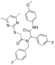 2-(4,6-DIMETHYLPYRIMIDIN-2-YLTHIO)-N-(4-FLUOROBENZYL)-N-(1-(4-FLUOROPHENYL)-2-(4-METHOXYPHENYLAMINO)-2-OXOETHYL)ACETAMIDE 结构式