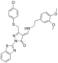 (E)-1-(Benzo[d]thiazol-2-yl)-3-((4-chlorophenylthio)methyl)-4-((3,4-dimethoxyphenethylamino)methylene)-1H-pyrazol-5(4H)-one 结构式
