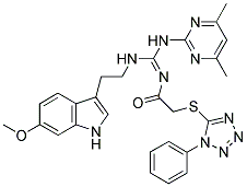 (E)-N-((4,6-DIMETHYLPYRIMIDIN-2-YLAMINO)(2-(6-METHOXY-1H-INDOL-3-YL)ETHYLAMINO)METHYLENE)-2-(1-PHENYL-1H-TETRAZOL-5-YLTHIO)ACETAMIDE 结构式