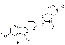 1-ETHYL-(3'-[1''-ETHYL-5''-METHOXY-2''-BENZOXAZOLIDINE]-2'-ETHYL-1'-PROPENYL)-5-METHOXYBENZOXAZOLIUM IODIDE 结构式