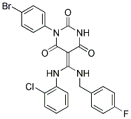 (Z)-1-(4-BROMOPHENYL)-5-((2-CHLOROPHENYLAMINO)(4-FLUOROBENZYLAMINO)METHYLENE)PYRIMIDINE-2,4,6(1H,3H,5H)-TRIONE 结构式