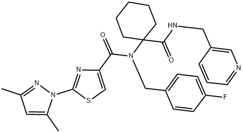 2-(3,5-Dimethyl-1H-pyrazol-1-yl)-N-(4-fluorobenzyl)-N-(1-(pyridin-3-ylmethylcarbamoyl)cyclohexyl)thiazole-4-carboxamide 结构式