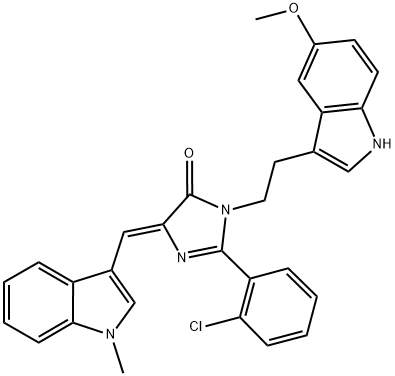 (Z)-2-(2-CHLOROPHENYL)-1-(2-(5-METHOXY-1H-INDOL-3-YL)ETHYL)-4-((1-METHYL-1H-INDOL-3-YL)METHYLENE)-1H-IMIDAZOL-5(4H)-ONE 结构式