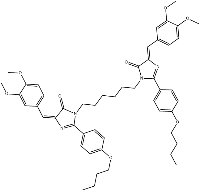 (Z)-2-(4-BUTOXYPHENYL)-1-(6-((E)-2-(4-BUTOXYPHENYL)-4-(3,4-DIMETHOXYBENZYLIDENE)-5-OXO-4,5-DIHYDROIMIDAZOL-1-YL)HEXYL)-4-(3,4-DIMETHOXYBENZYLIDENE)-1H-IMIDAZOL-5(4H)-ONE 结构式