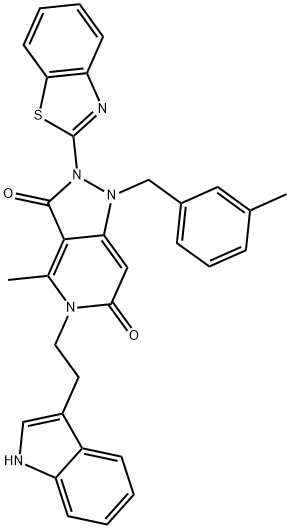 5-(2-(1H-INDOL-3-YL)ETHYL)-2-(BENZO[D]THIAZOL-2-YL)-4-METHYL-1-(3-METHYLBENZYL)-1,2-DIHYDRO-5H-PYRAZOLO[4,3-C]PYRIDINE-3,6-DIONE 结构式