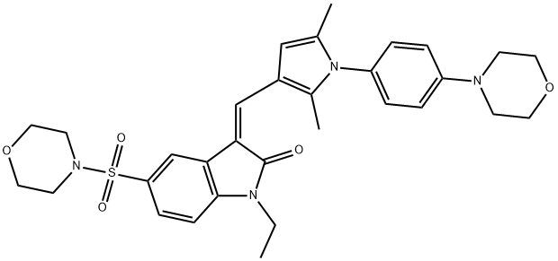 (Z)-3-((2,5-DIMETHYL-1-(4-MORPHOLINOPHENYL)-1H-PYRROL-3-YL)METHYLENE)-1-ETHYL-5-(MORPHOLINOSULFONYL)INDOLIN-2-ONE 结构式