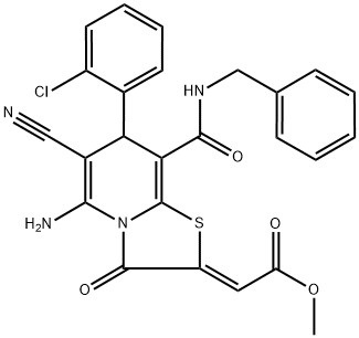 (Z)-METHYL 2-(5-AMINO-8-(BENZYLCARBAMOYL)-7-(2-CHLOROPHENYL)-6-CYANO-3-OXO-3H-THIAZOLO[3,2-A]PYRIDIN-2(7H)-YLIDENE)ACETATE COMPOUND WITH METHANE (1:1) 结构式