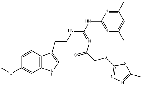 (E)-N-((4,6-DIMETHYLPYRIMIDIN-2-YLAMINO)(2-(6-METHOXY-1H-INDOL-3-YL)ETHYLAMINO)METHYLENE)-2-(5-METHYL-1,3,4-THIADIAZOL-2-YLTHIO)ACETAMIDE 结构式