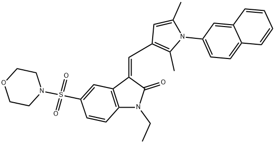 (Z)-3-((2,5-DIMETHYL-1-(NAPHTHALEN-2-YL)-1H-PYRROL-3-YL)METHYLENE)-1-ETHYL-5-(MORPHOLINOSULFONYL)INDOLIN-2-ONE 结构式