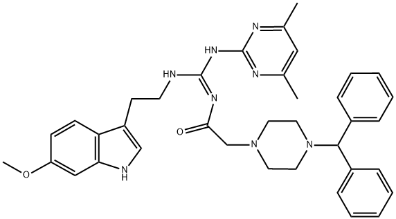 (E)-2-(4-BENZHYDRYLPIPERAZIN-1-YL)-N-((4,6-DIMETHYLPYRIMIDIN-2-YLAMINO)(2-(6-METHOXY-1H-INDOL-3-YL)ETHYLAMINO)METHYLENE)ACETAMIDE 结构式