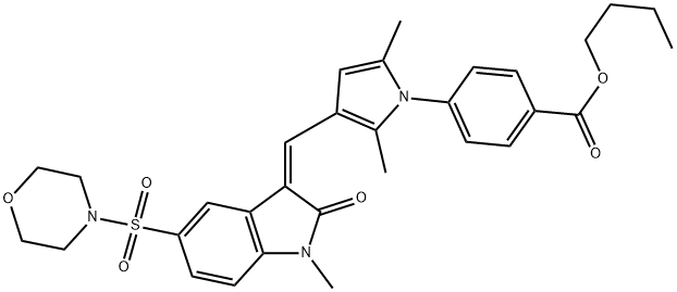 (Z)-BUTYL 4-(2,5-DIMETHYL-3-((1-METHYL-5-(MORPHOLINOSULFONYL)-2-OXOINDOLIN-3-YLIDENE)METHYL)-1H-PYRROL-1-YL)BENZOATE 结构式