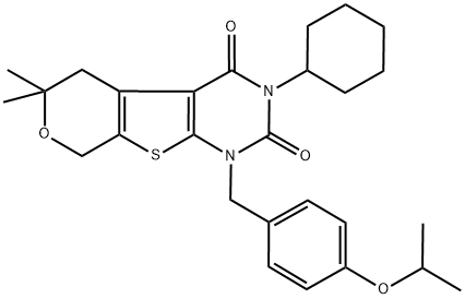 3-CYCLOHEXYL-1-(4-ISOPROPOXYBENZYL)-6,6-DIMETHYL-1,5,6,8-TETRAHYDRO-2H-PYRANO[4',3':4,5]THIENO[2,3-D]PYRIMIDINE-2,4(3H)-DIONE 结构式