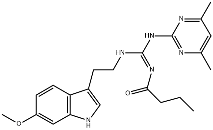 N'-BUTYRYL-N-(4,6-DIMETHYL-2-PYRIMIDINYL)-N'-[2-(6-METHOXY-1H-INDOL-3-YL)ETHYL]GUANIDINE 结构式