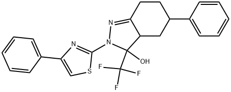 5-PHENYL-2-(4-PHENYLTHIAZOL-2-YL)-3-(TRIFLUOROMETHYL)-3,3A,4,5,6,7-HEXAHYDRO-2H-INDAZOL-3-OL 结构式