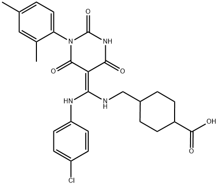 (Z)-4-(((4-CHLOROPHENYLAMINO)(3-(2,4-DIMETHYLPHENYL)-2,4,6-TRIOXO-TETRAHYDROPYRIMIDIN-5(6H)-YLIDENE)METHYLAMINO)METHYL)CYCLOHEXANECARBOXYLIC ACID 结构式