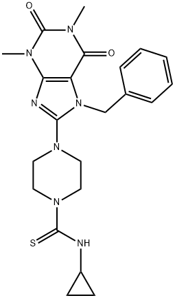 N-CYCLOPROPYL-4-(1,3-DIMETHYL-7-BENZYL-2,6-DIOXO-2,3,6,7-TETRAHYDRO-1H-PURIN-8-YL)PIPERAZINE-1-CARBOTHIOAMIDE 结构式