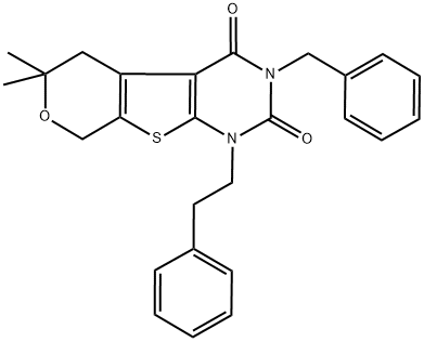 3-BENZYL-6,6-DIMETHYL-1-PHENETHYL-1,5,6,8-TETRAHYDRO-2H-PYRANO[4',3':4,5]THIENO[2,3-D]PYRIMIDINE-2,4(3H)-DIONE 结构式