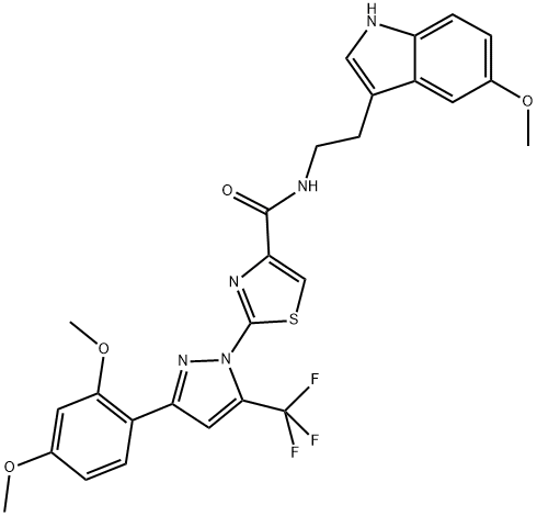 2-(3-(2,4-Dimethoxyphenyl)-5-(trifluoromethyl)-1H-pyrazol-1-yl)-N-(2-(5-methoxy-1H-indol-3-yl)ethyl)thiazole-4-carboxamide 结构式