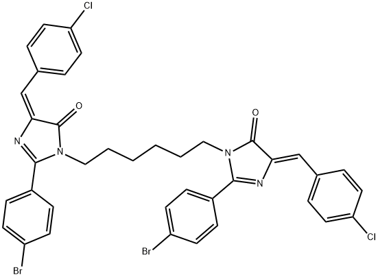 (Z)-2-(4-BROMOPHENYL)-1-(6-((E)-2-(4-BROMOPHENYL)-4-(4-CHLOROBENZYLIDENE)-5-OXO-4,5-DIHYDROIMIDAZOL-1-YL)HEXYL)-4-(4-CHLOROBENZYLIDENE)-1H-IMIDAZOL-5(4H)-ONE 结构式