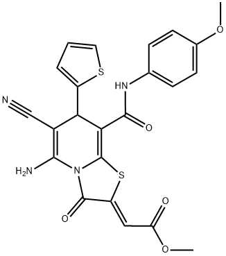 (Z)-METHYL 2-(5-AMINO-6-CYANO-8-(4-METHOXYPHENYLCARBAMOYL)-3-OXO-7-(THIOPHEN-2-YL)-3H-THIAZOLO[3,2-A]PYRIDIN-2(7H)-YLIDENE)ACETATE COMPOUND WITH METHANE (1:1) 结构式