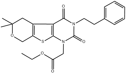 Ethyl 2-[6,6-dimethyl-2,4-dioxo-3-phenethyl-3,4,5,8-tetrahydro-2H-pyrano[4',3':4,5]thieno[2,3-d]pyrimidin-1(6H)-yl]acetate 结构式
