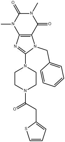 7-BENZYL-1,3-DIMETHYL-8-[4-(THIEN-2-YLACETYL)PIPERAZIN-1-YL]-3,7-DIHYDRO-1H-PURINE-2,6-DIONE 结构式