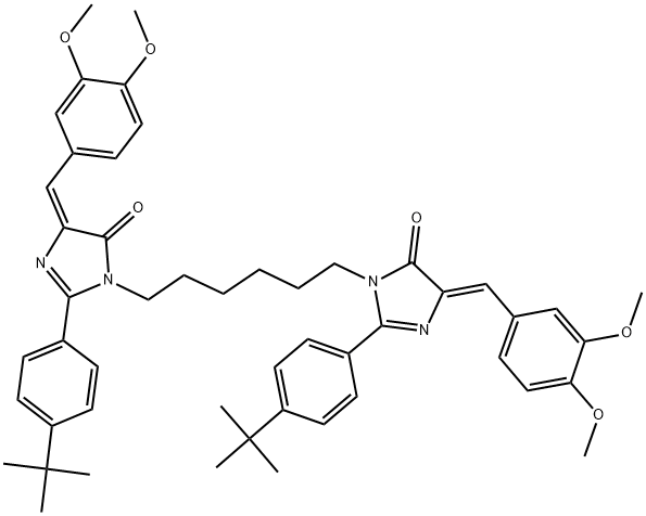 (Z)-2-(4-TERT-BUTYLPHENYL)-1-(6-((E)-2-(4-TERT-BUTYLPHENYL)-4-(3,4-DIMETHOXYBENZYLIDENE)-5-OXO-4,5-DIHYDROIMIDAZOL-1-YL)HEXYL)-4-(3,4-DIMETHOXYBENZYLIDENE)-1H-IMIDAZOL-5(4H)-ONE 结构式