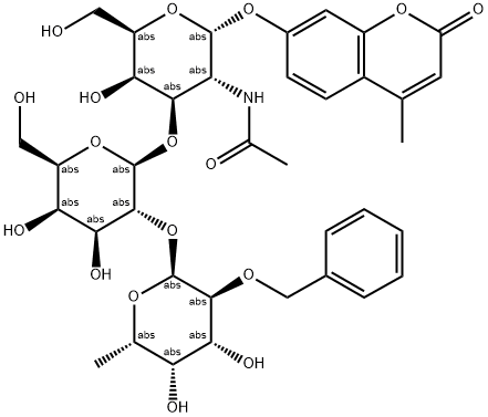 4-METHYLUMBELLIFERYL 2-O-BENZYL-ALPHA-L-FUCOPYRANOSYL-(1-2)-BETA-D-GALACTOPYRANOSYL-(1-3)-2-ACETAMIDO-2-DEOXY-ALPHA-D-GALACTOPYRANOSIDE 结构式