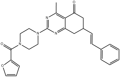 (E)-2-(4-(FURAN-2-CARBONYL)PIPERAZIN-1-YL)-4-METHYL-7-STYRYL-7,8-DIHYDROQUINAZOLIN-5(6H)-ONE 结构式