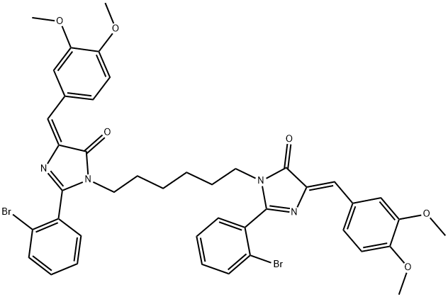 (E)-2-(2-Bromophenyl)-1-(6-((Z)-2-(2-bromophenyl)-4-(3,4-dimethoxybenzylidene)-5-oxo-4,5-dihydroimidazol-1-yl)hexyl)-4-(3,4-dimethoxybenzylidene)-1H-imidazol-5(4H)-one 结构式