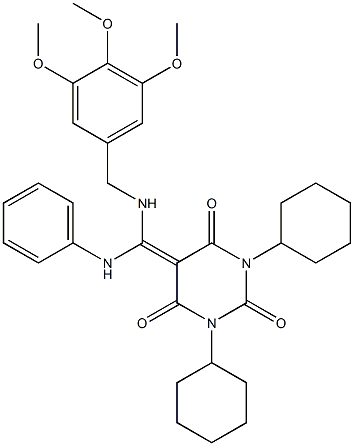 1,3-DICYCLOHEXYL-5-((PHENYLAMINO)(3,4,5-TRIMETHOXYBENZYLAMINO)METHYLENE)PYRIMIDINE-2,4,6(1H,3H,5H)-TRIONE 结构式