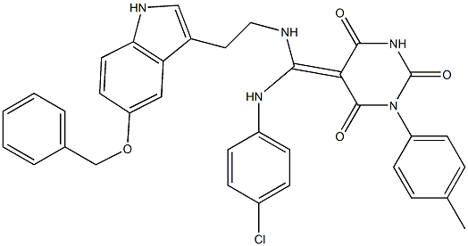 (Z)-5-((2-(5-(BENZYLOXY)-1H-INDOL-3-YL)ETHYLAMINO)(4-CHLOROPHENYLAMINO)METHYLENE)-1-P-TOLYLPYRIMIDINE-2,4,6(1H,3H,5H)-TRIONE 结构式